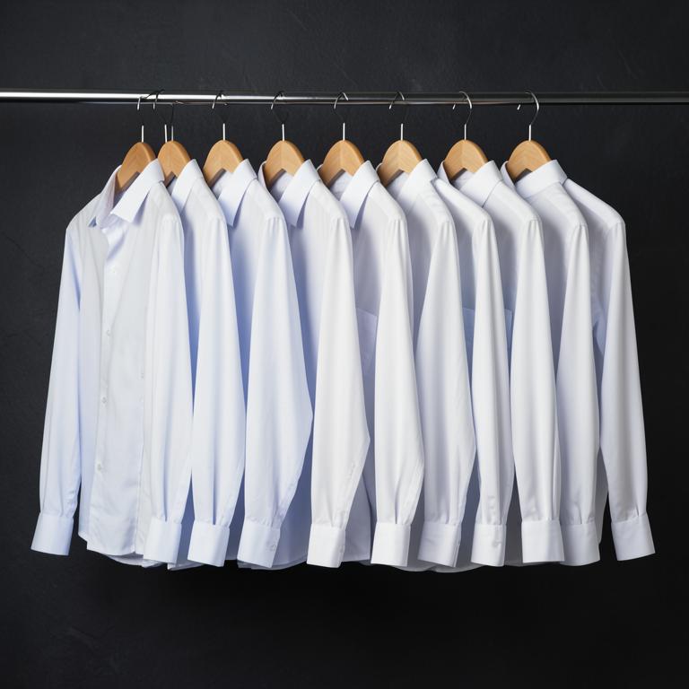 Docena de camisas planchadas en ganchos